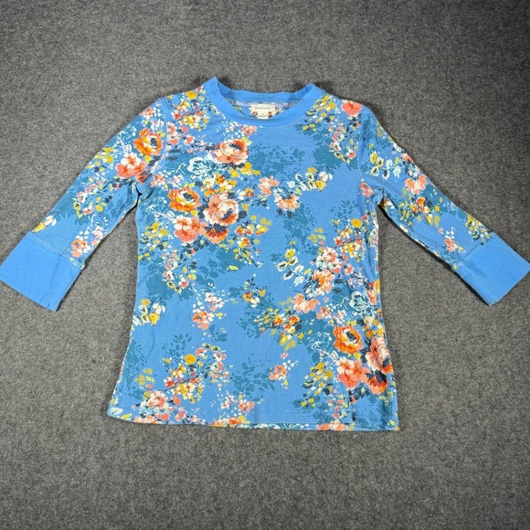Sundance Tops - Sundance Womens Blue Floral Thermal Waffle Knit 3/4 Sleeve Top Size M RN106205